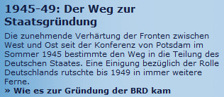 1945-49: Der Weg zur Staatsgründung. Die zunehmende Verhärtung der Fronten zwischen West und Ost seit der Konferenz von Potsdam im Sommer 1945 bestimmte den Weg in die Teilung des Deutschen Staates. Eine Einigung bezüglich der Rolle Deutschlands rutschte bis 1949 in immer weitere Ferne.