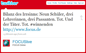 Bilanz des Irrsinns: Neun Schüler, drei Lehrerinnen, drei Passanten. Tot. Und der Täter. Tot. #winnenden