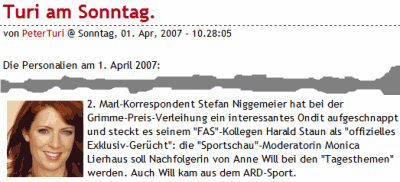 Marl-Korrespondent Stefan Niggemeier hat bei der Grimme-Preis-Verleihung ein interessantes Ondit aufgeschnappt und es seinem "FAS"-Kollegen Harald Staun als "offizielles Exklusiv-Gerücht" gesteckt: die "Sportschau"-Moderatorin Monica Lierhaus soll Nachfolgerin von Anne Will bei den "Tagesthemen" werden. Auch Will kam aus dem ARD-Sport.